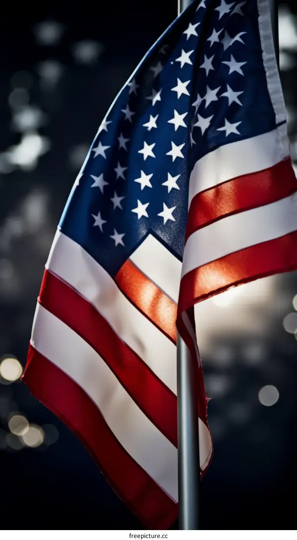Close up of American flag waving against dark background with blurred city lights in the distance