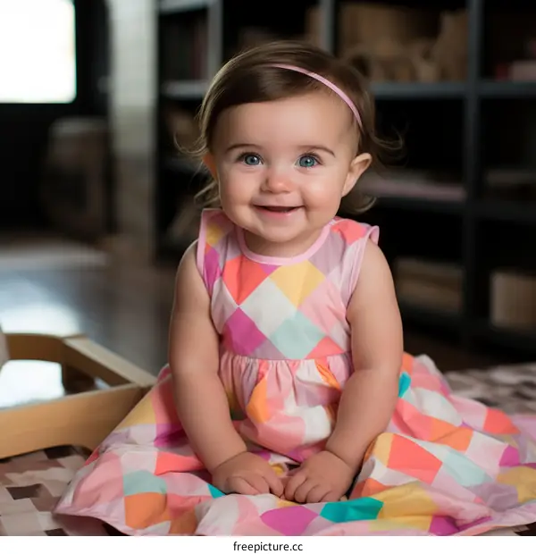An adorable baby girl in a colorful dress is sitting on the floor and smiling at the camera