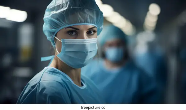 Portrait of a confident female surgeon wearing a surgical mask and cap in an operating room with blurred background