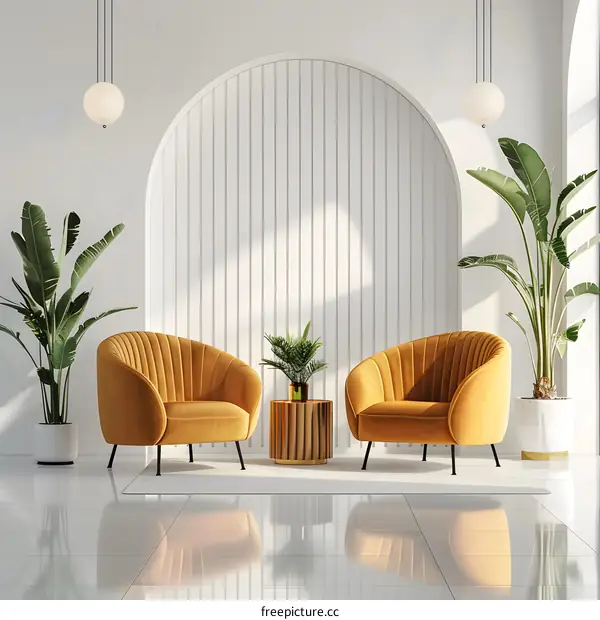 Minimalist Living Room Design with Yellow Armchairs and Archway Wall