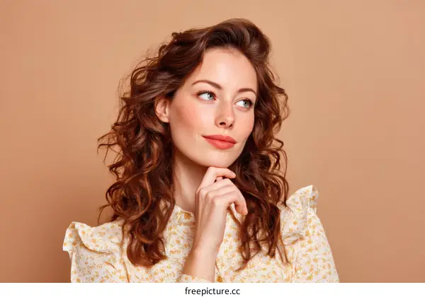 Closeup Portrait of a Woman with Curly Hair and a Thoughtful Expression