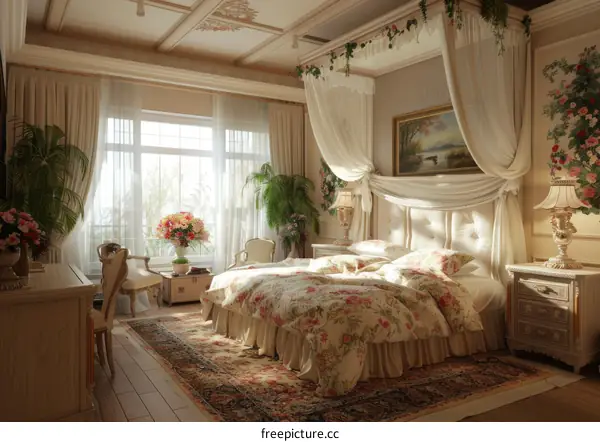 Elegant Floral Bedroom Interior Design Illustration