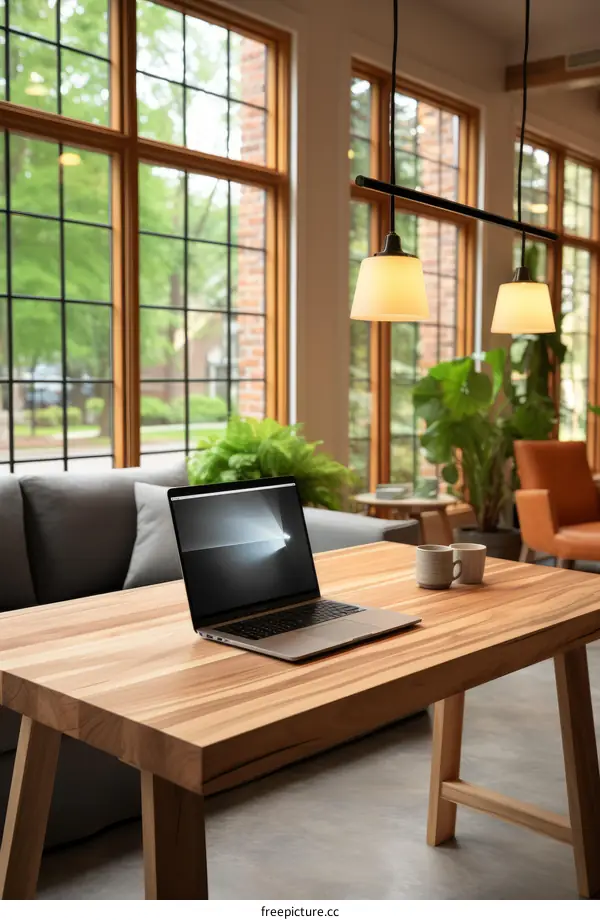 A wooden table with a laptop and two cups on it in a room with large windows
