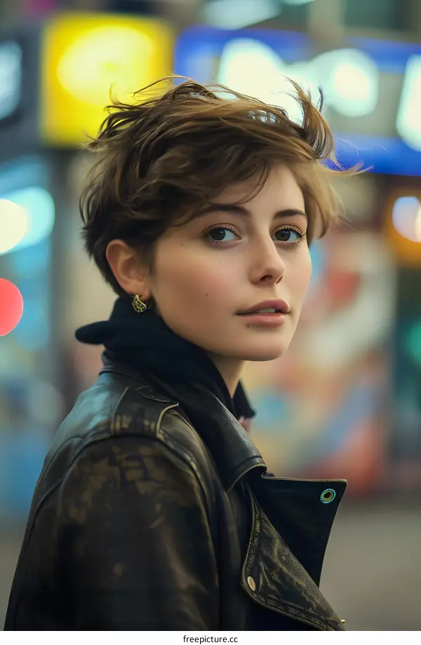 Close up portrait of young woman with short hair wearing a leather jacket