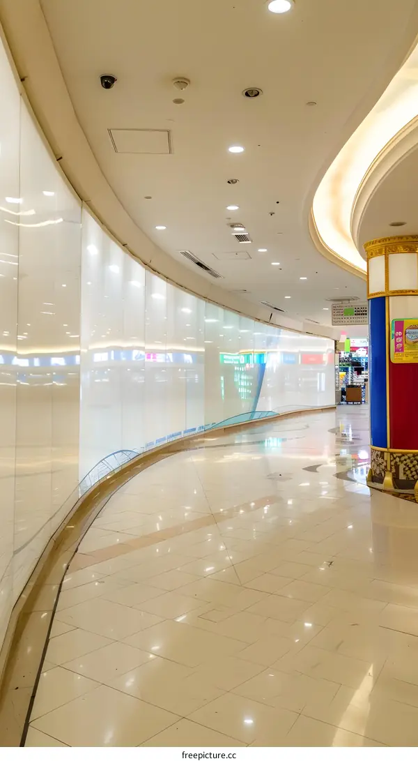 Empty Corridor with Glass Walls in Shopping Mall