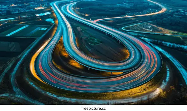 Night Highway Intersections Aerial View