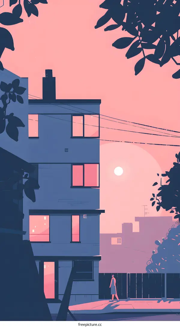 Silhouette of a Person Walking Past a Building at Sunset