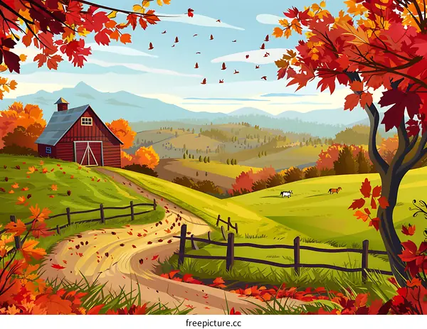 Autumn Landscape with Red Barn and Rolling Hills