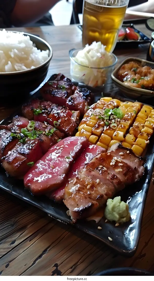 Grilled meat and corn platter