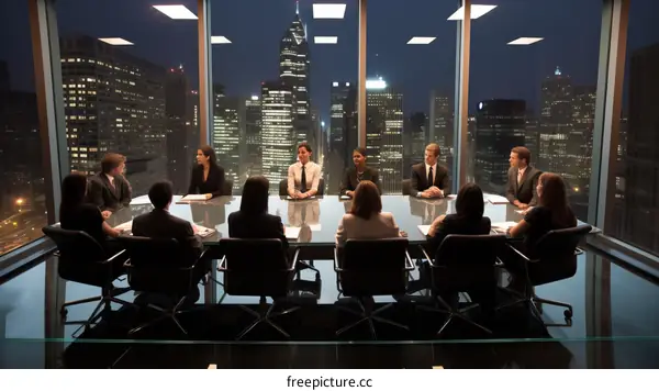 A group of people are sitting around a table in a conference room.