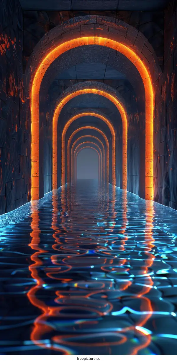 Futuristic Glowing Orange Archway Tunnel Over Water