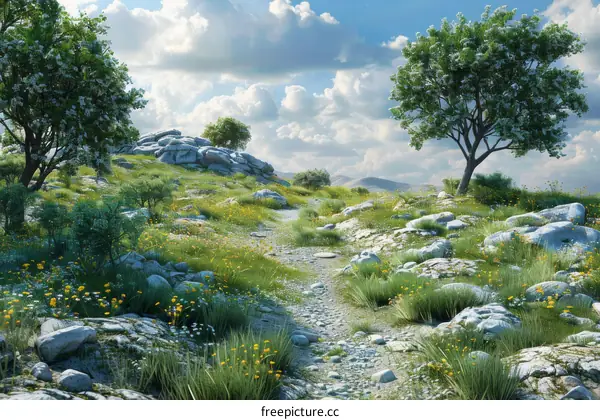 Rocky Hillside with Trees and Grass Landscape