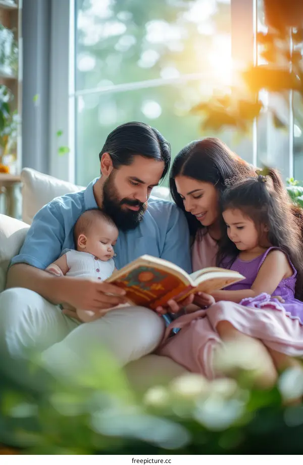 Family Reading a Book Together on Couch