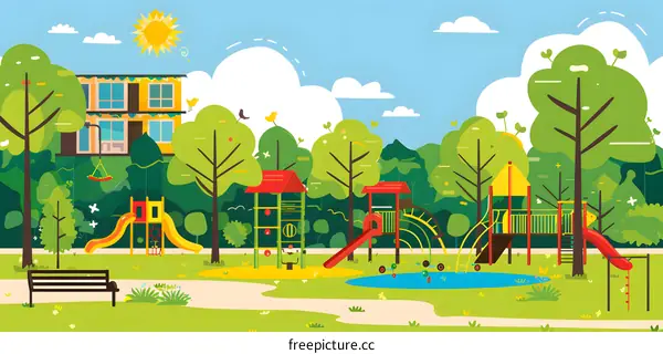 Colorful Playground Illustration with Green Trees and Blue Sky