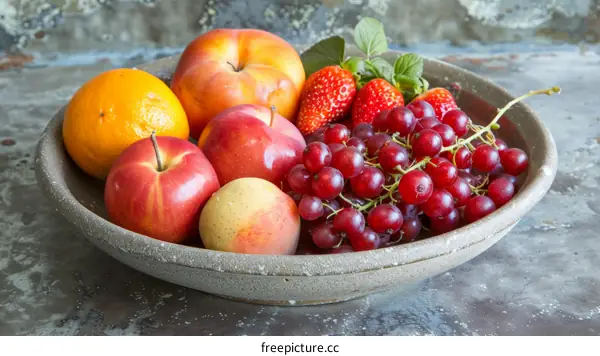 An arrangement of fruits in a ceramic bowl