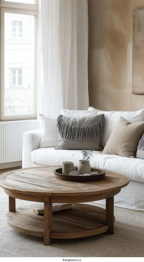 Wooden Round Coffee Table in a Cozy Living Room
