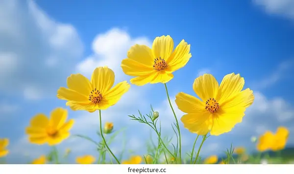 Beautiful Yellow Cosmos Flowers Against a Blue Sky