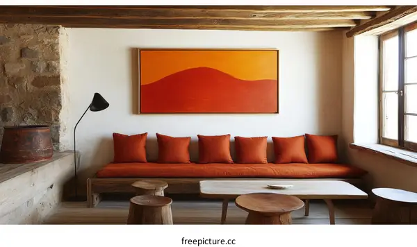 Rustic Interior Living Room with Orange Abstract Art