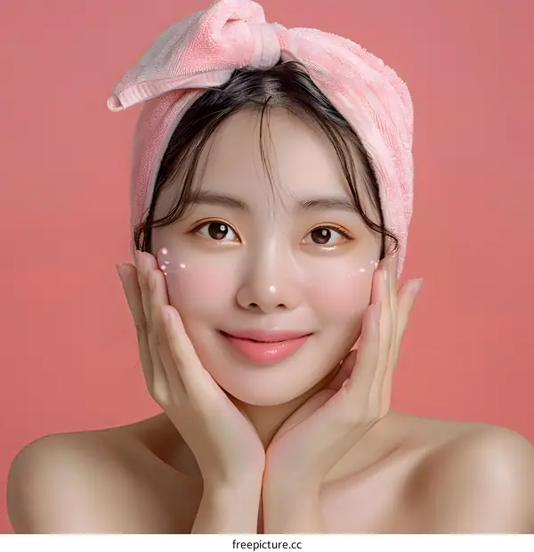 Beautiful Asian Woman With Pink Headband Smiling and Applying Beauty Product