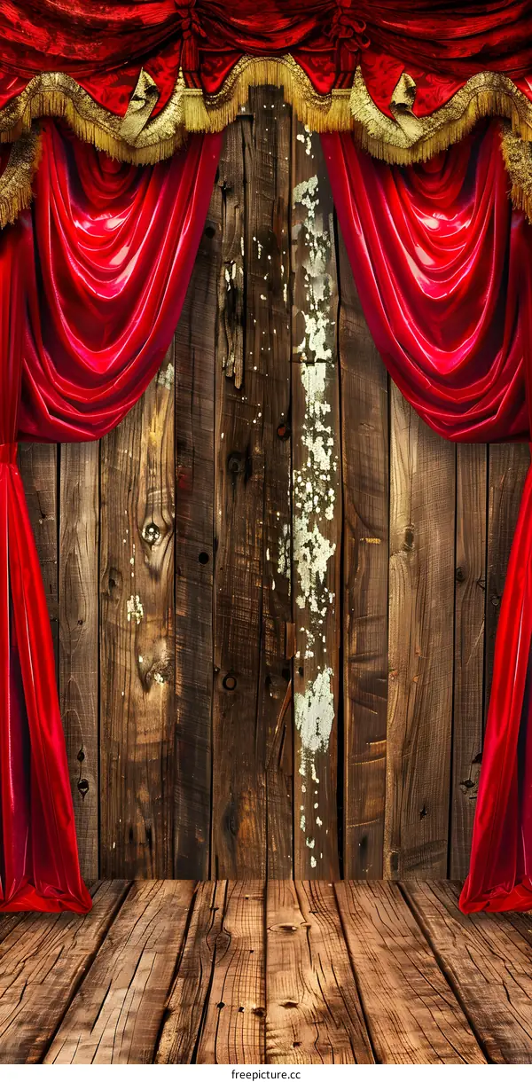 Red Velvet Curtains and Wooden Wall Background