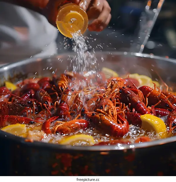 Pouring Lemon Juice on Cooked Crawfish