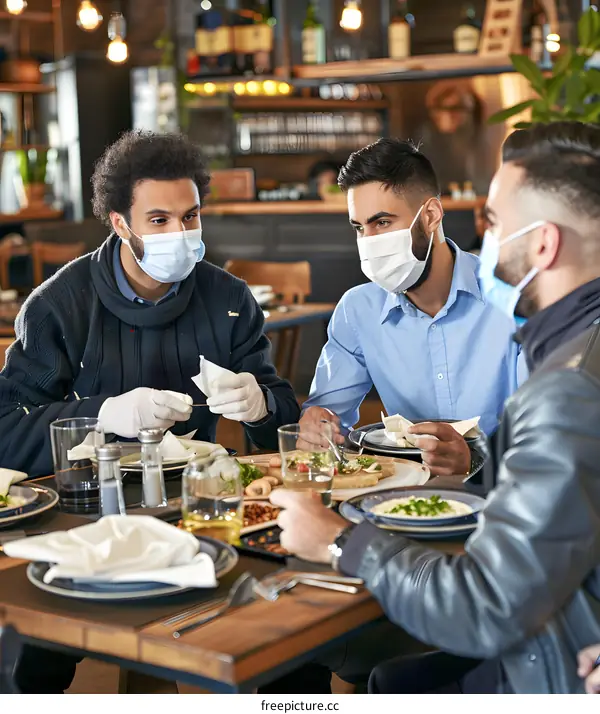 Three Men Wearing Face Masks Having a Meal at Restaurant