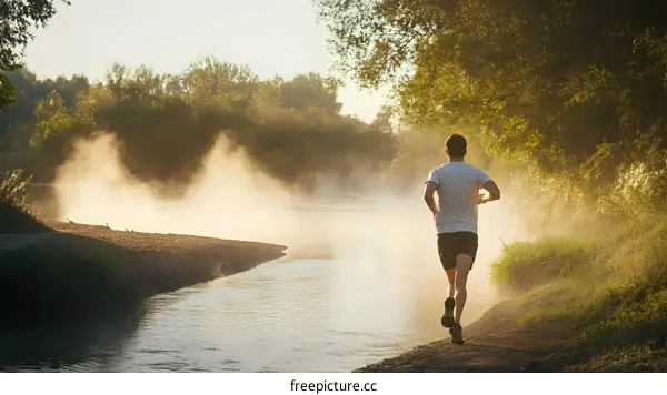 Man Running on Path by River with Fog in Morning