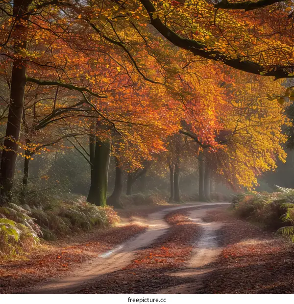 Country road through autumn forest with colorful trees