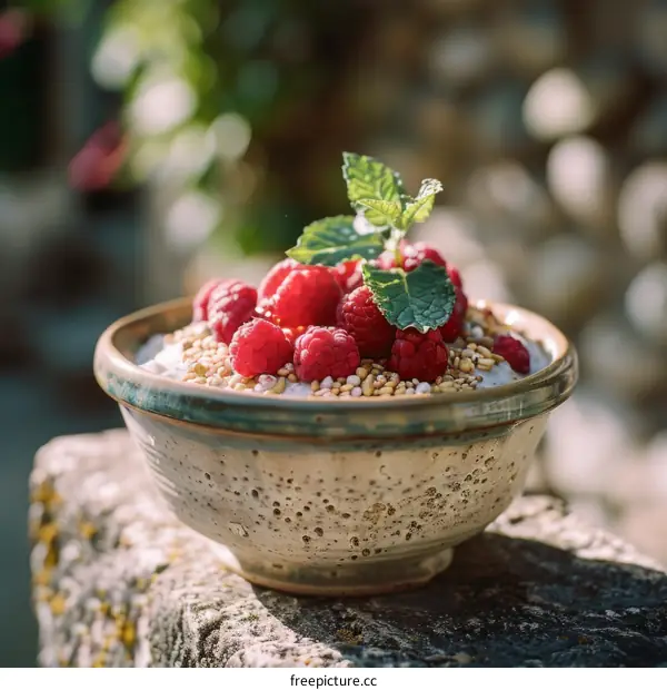 A bowl of raspberries and cream on a stone table