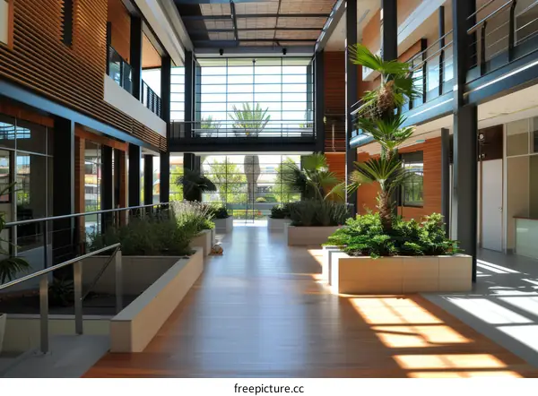 office interior atrium with wooden floor and glass walls