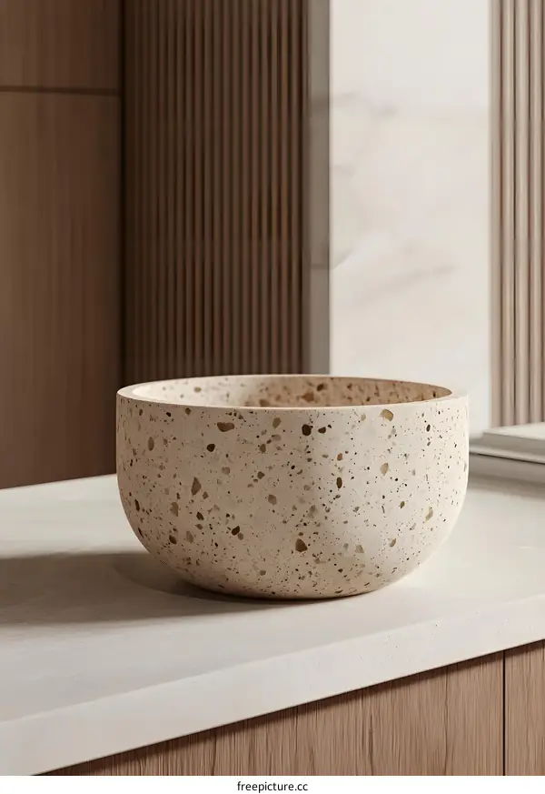 Terrazzo Bowl on White Countertop with Brown Wooden Background