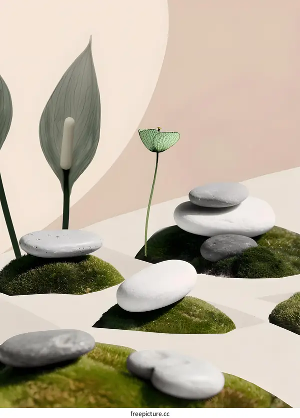 Minimalist Zen Garden with White Stones and Green Plants