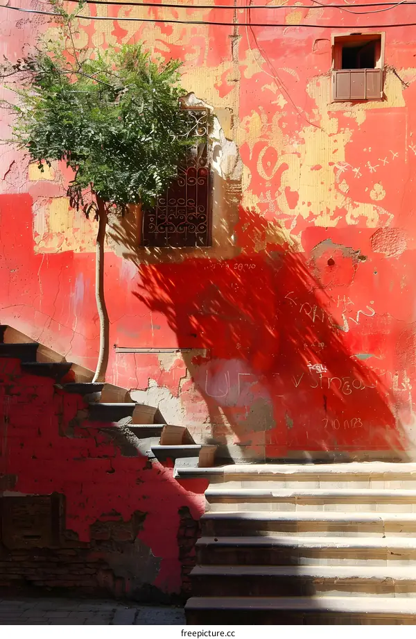 Red Wall with Tree and Stairs