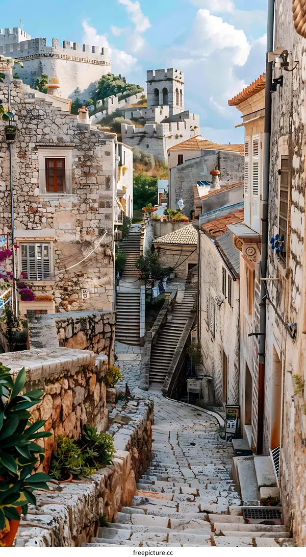 Stone Steps Leading Up To A Medieval Town