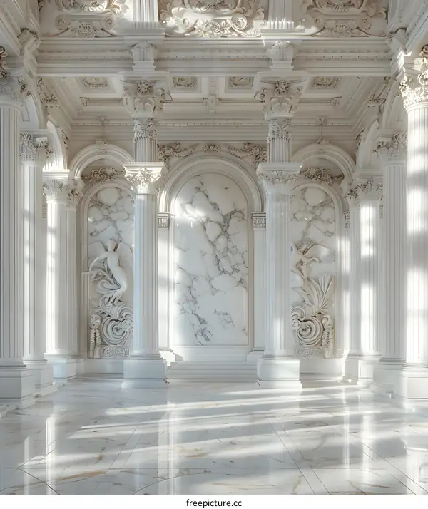A long arched hallway with white marble bas-reliefs