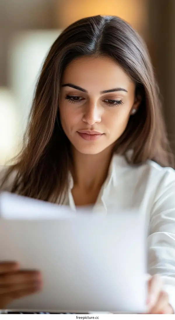 Focused Woman Reading Documents in Cafe