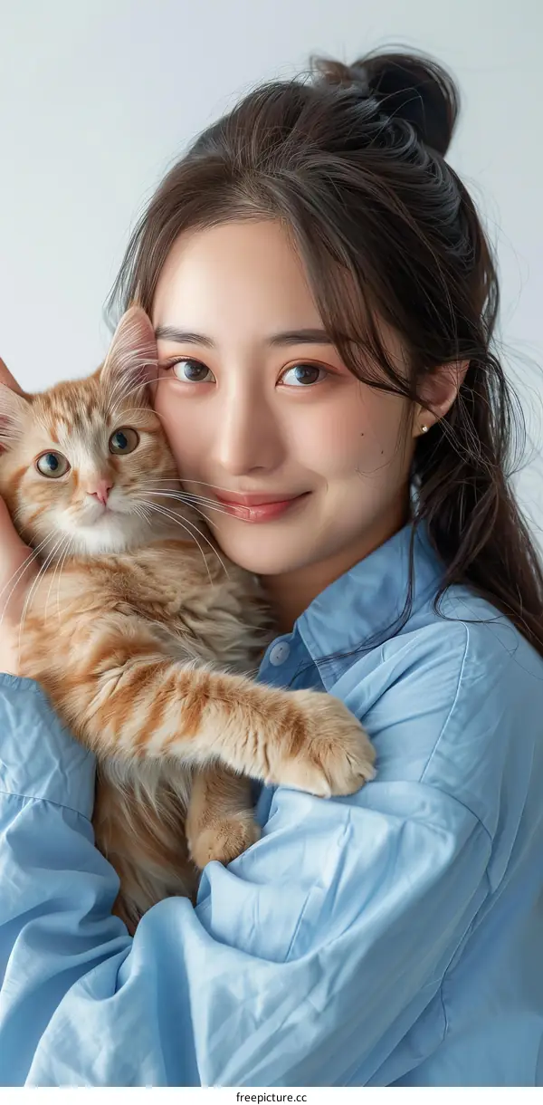 A young Asian woman is hugging an orange cat