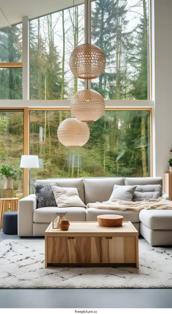 Airy living room with large windows and a comfortable sofa