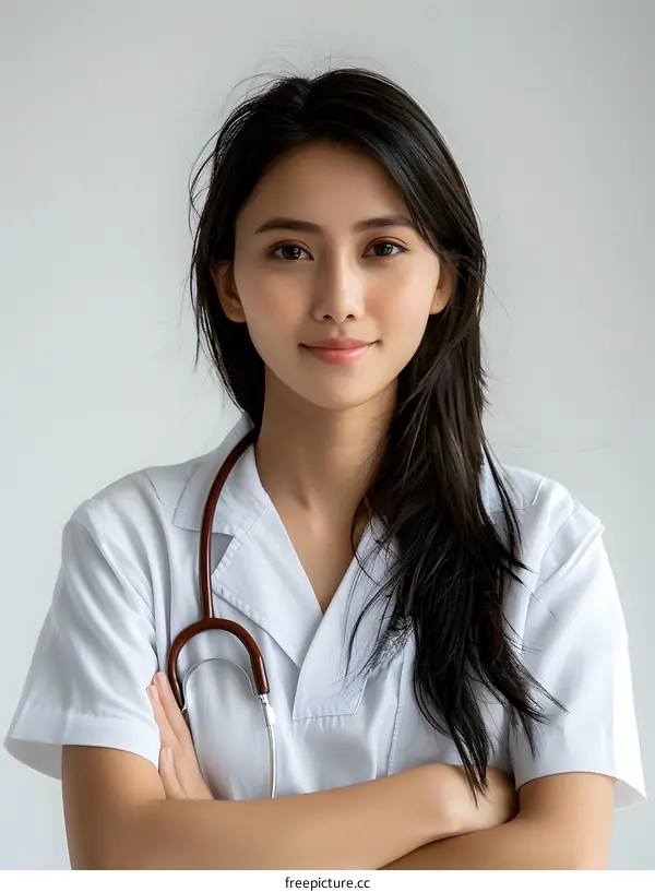 Portrait of a Young Asian Female Doctor Wearing a White Coat and Stethoscope