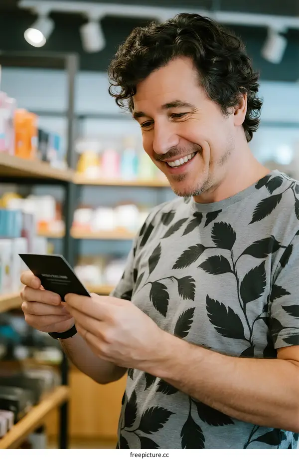 Man in casual wear using mobile phone in store