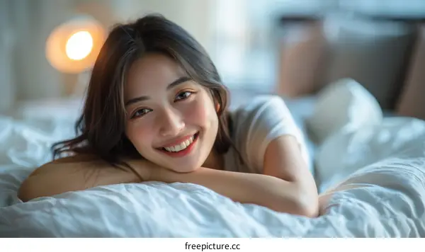 A beautiful Asian woman is smiling while lying on a bed.