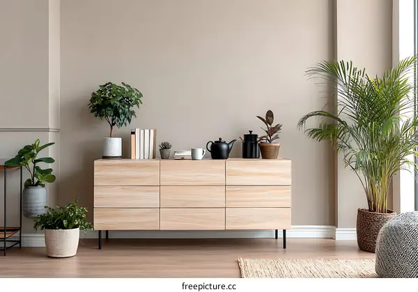 Modern Living Room with Wooden Cabinet and Plants