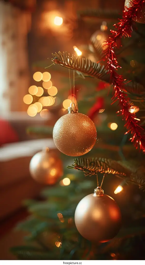 Christmas tree with golden balls hanging in front of blurred background