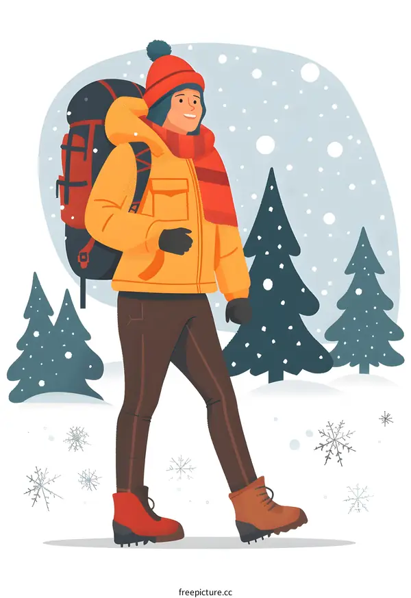 Woman Hiking in Winter Forest