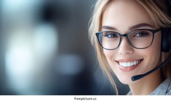 Smiling Businesswoman Wearing Glasses and Headset