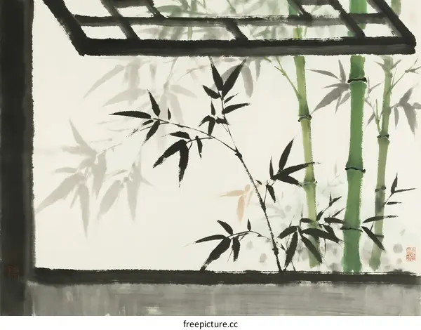 Bamboo leaves and green stems in traditional Chinese window view