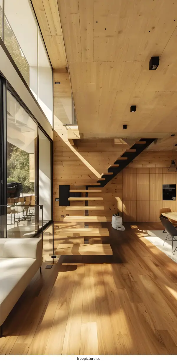 Modern Minimalist Home Interior Design With Wooden Stairs and Sunbeams