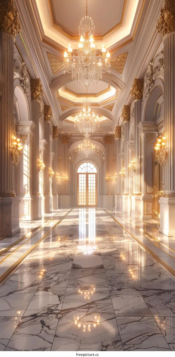Luxury hotel lobby interior with marble floor and crystal chandeliers