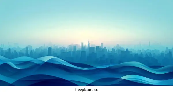 Blue and white illustration of a metropolis