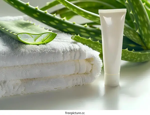 Aloe Vera Plant with Cream Tube and White Towel on White Background